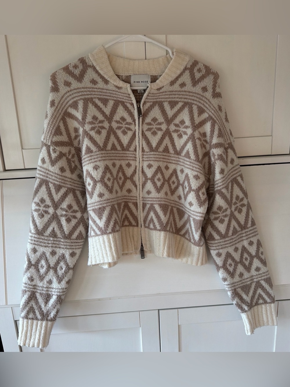Pink Rose Women's Cream & Taupe Zip-Up Fair Isle Cardigan